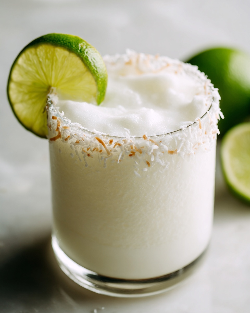 A frosty white Christmas margarita in a glass, garnished with toasted coconut and a lime wheel.