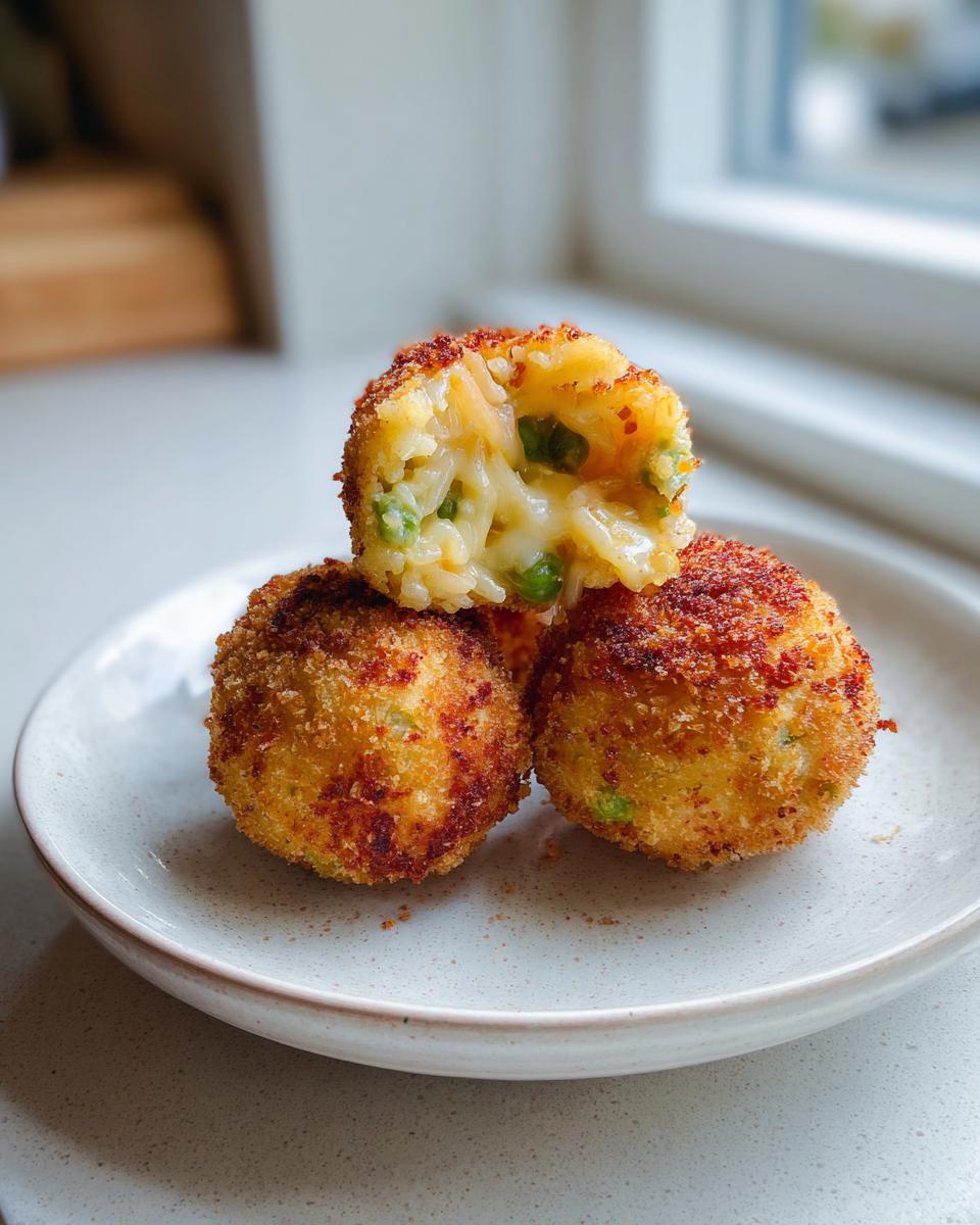 Close-up of three golden brown air fryer arancini stacked, one cut open revealing melted cheese and peas inside.