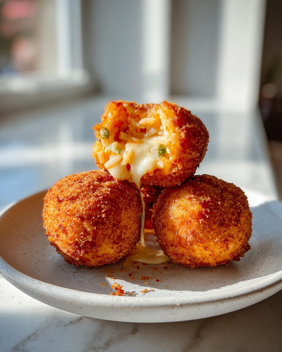 Close-up of three golden brown air fryer arancini stacked, with the top one broken open revealing melted cheese and peas.