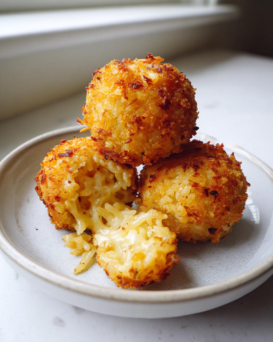 Close-up of golden brown air fryer arancini balls, one broken open showing melted cheese inside.