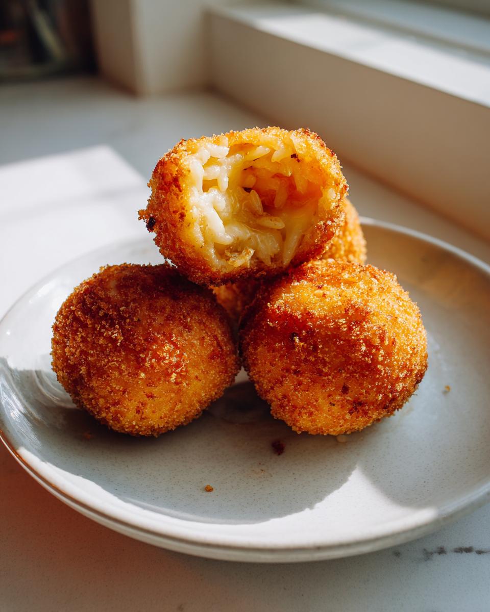 Close-up of golden brown air fryer arancini stacked on a plate, one broken open showing the cheesy rice interior.