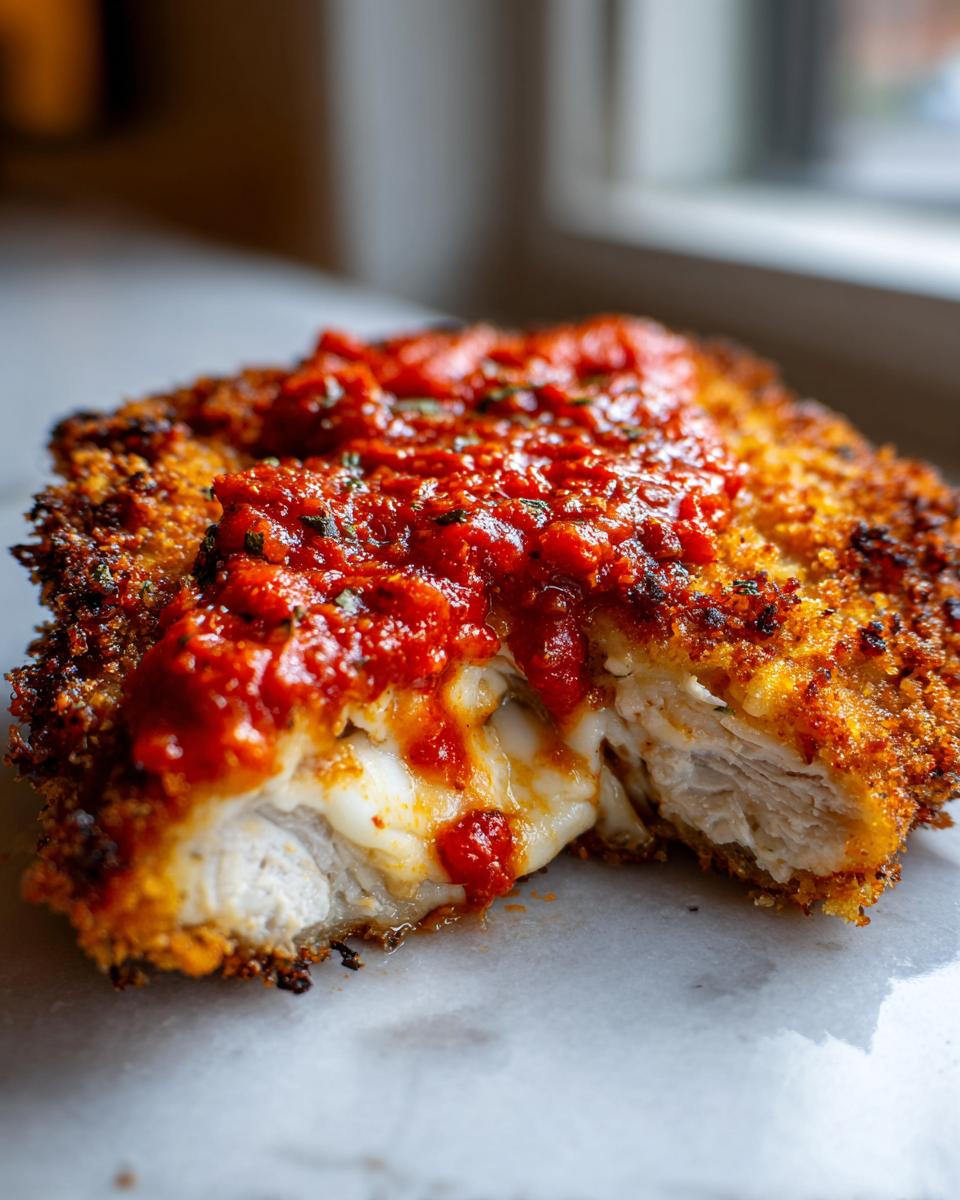 Close-up of air fryer chicken parmesan cut open to show melted mozzarella cheese oozing out from the breaded chicken breast topped with marinara sauce.