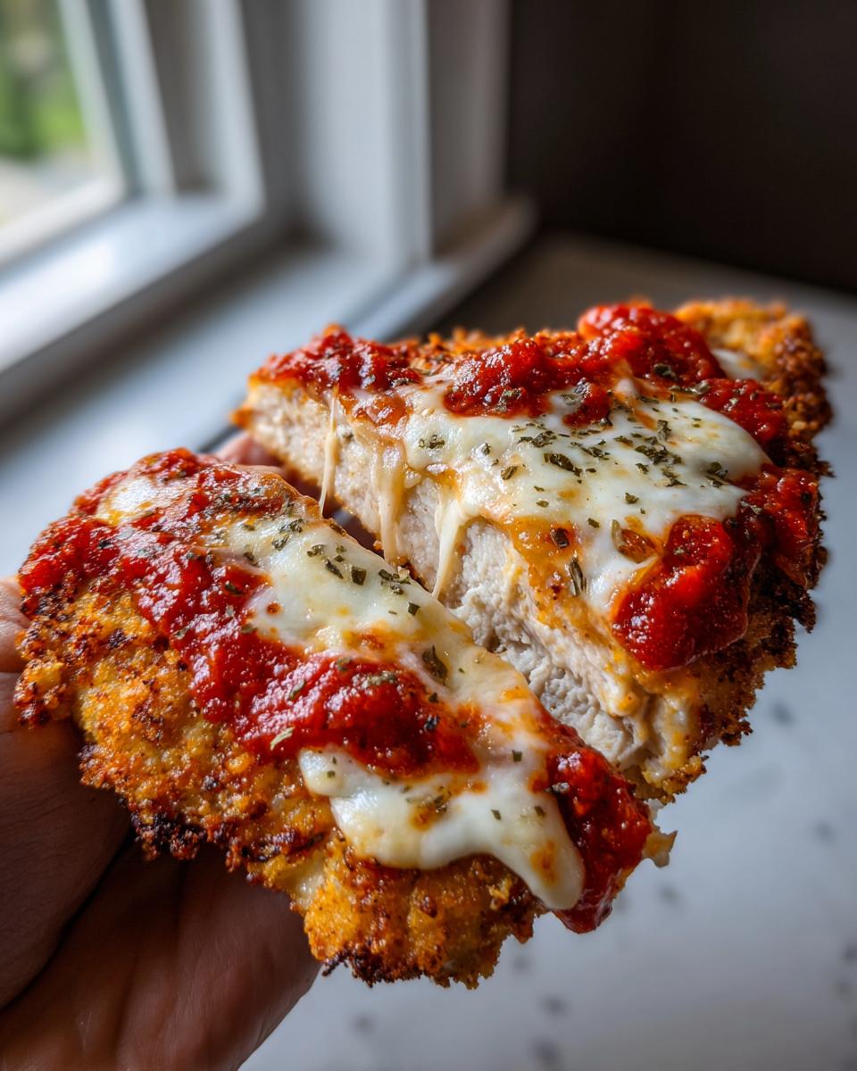 Close-up of two halves of air fryer chicken parmesan showing melted mozzarella cheese and marinara sauce over crispy chicken.