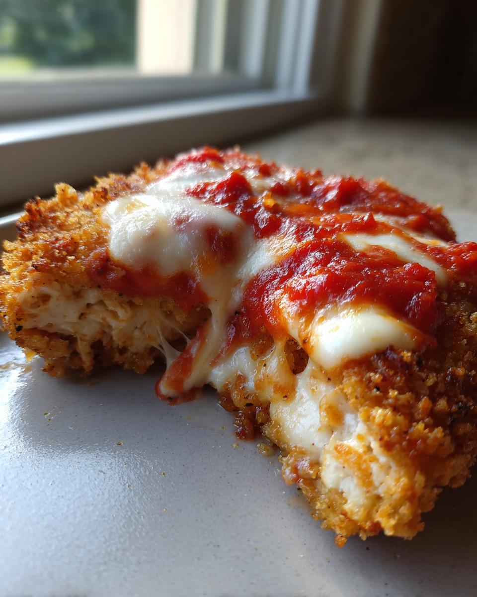 Close-up of a bite taken out of crispy air fryer chicken parmesan showing melted mozzarella cheese stretching.
