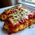 Close-up of two golden, crispy pieces of air fryer chicken parmesan topped with melted mozzarella and marinara sauce.