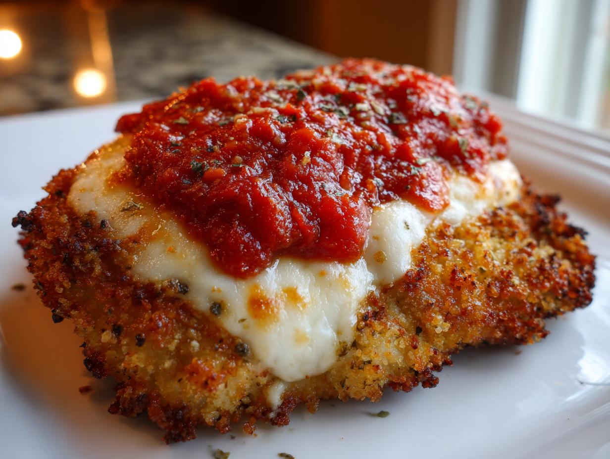 Close-up of a perfectly cooked piece of air fryer chicken parmesan topped with melted white mozzarella and rich marinara sauce.