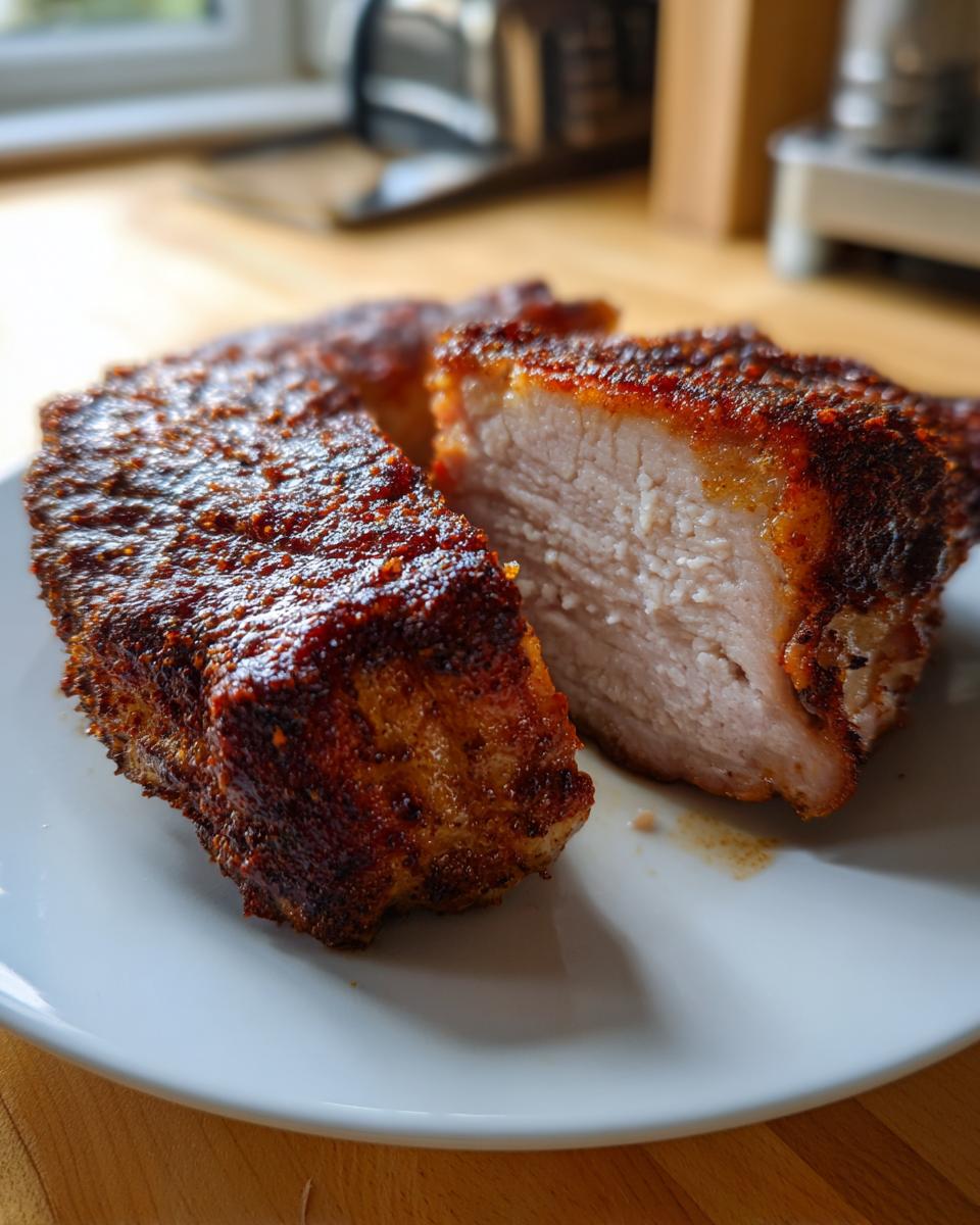 Close-up of juicy air fryer pork chops, one cut open to show the perfectly cooked white interior and seasoned crust.