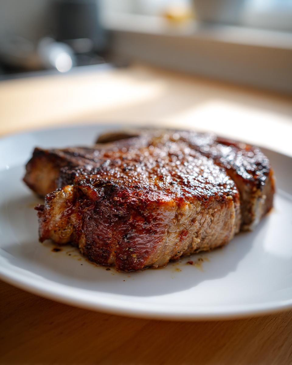 Close-up of a thick, juicy, and well-seared air fryer pork chop resting on a white plate.