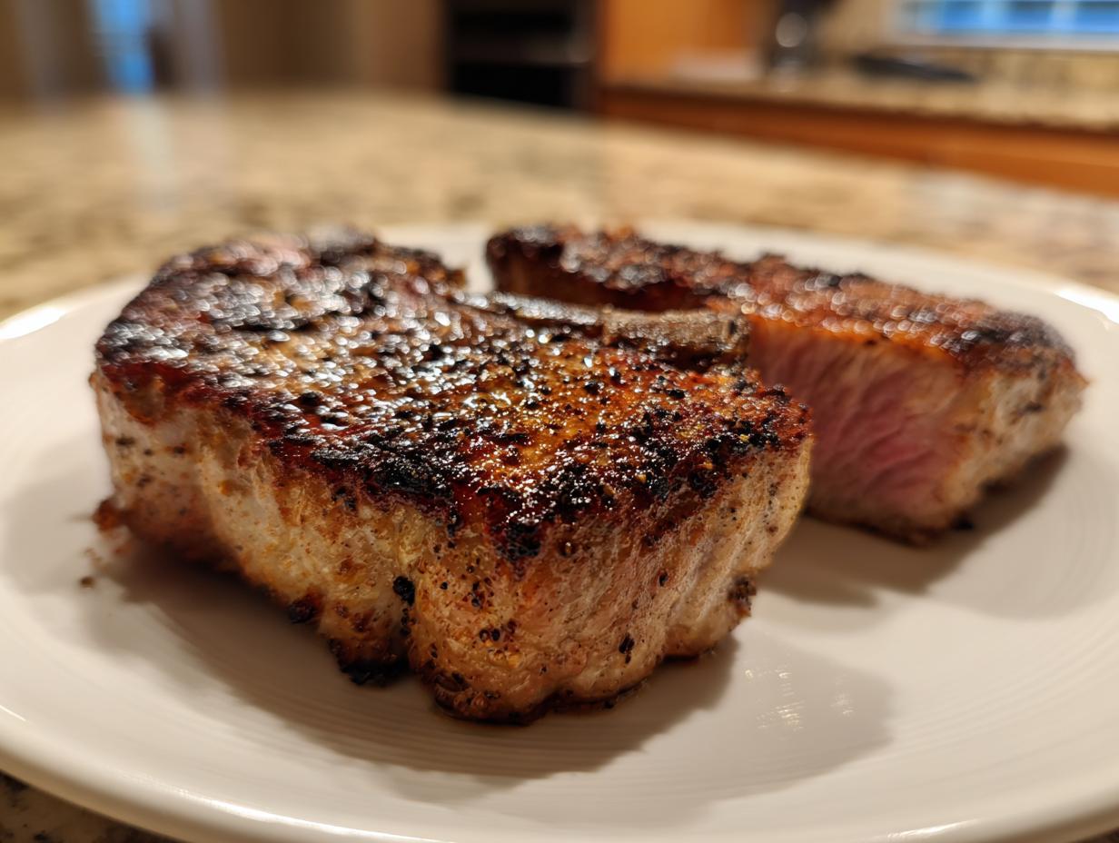 Two thick, juicy air fryer pork chops resting on a white plate, showing a beautiful dark sear and pink interior.