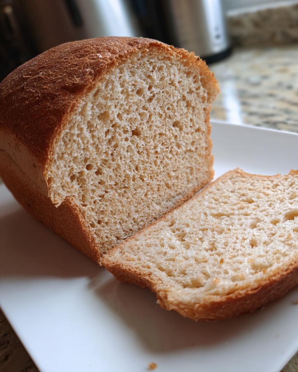 Close-up of a loaf of freshly baked gluten free bread, showing the soft, airy crumb texture and a slice cut off.