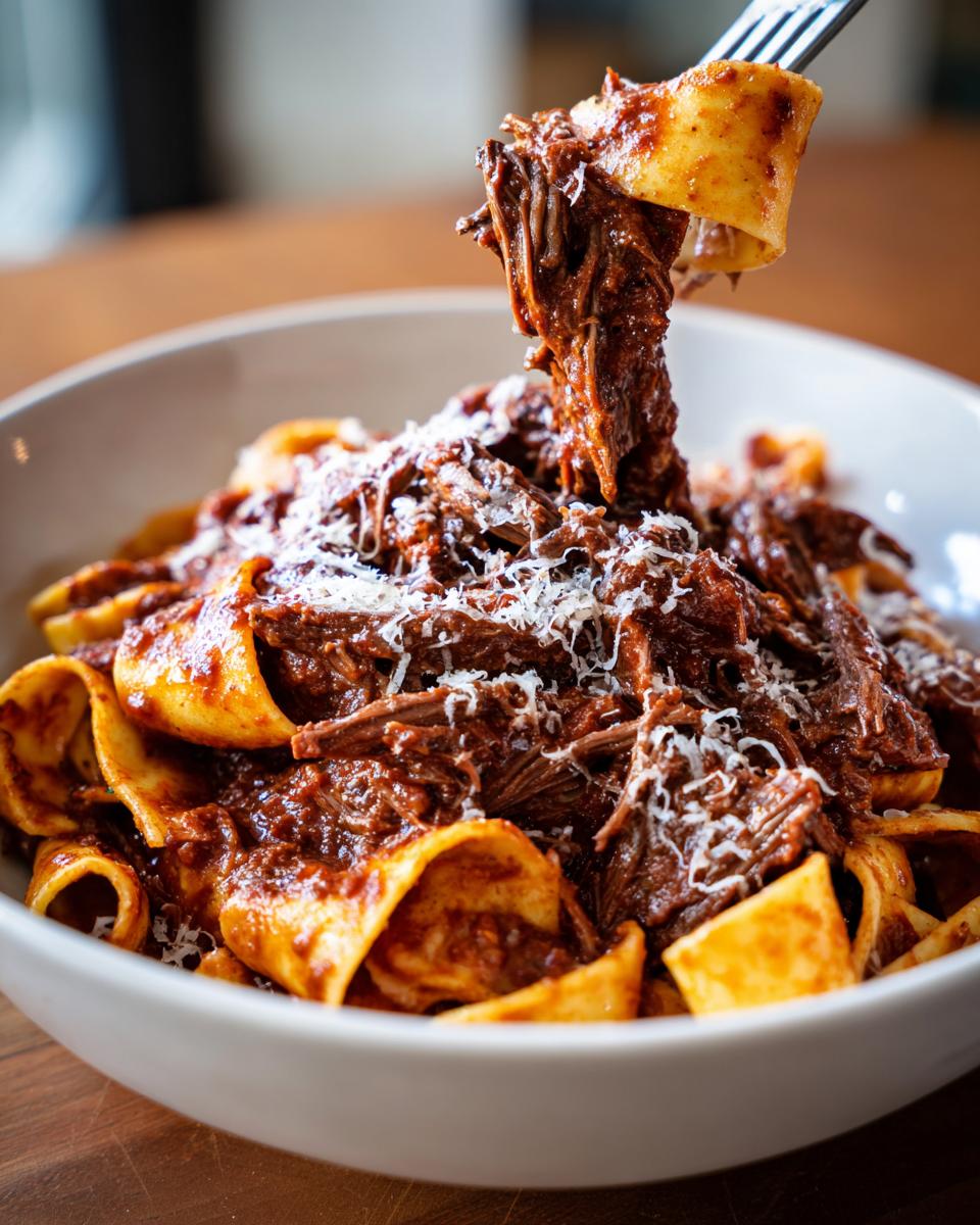 A fork lifts a piece of pappardelle pasta heavily coated in rich beef ragu and shredded beef, topped with Parmesan cheese.