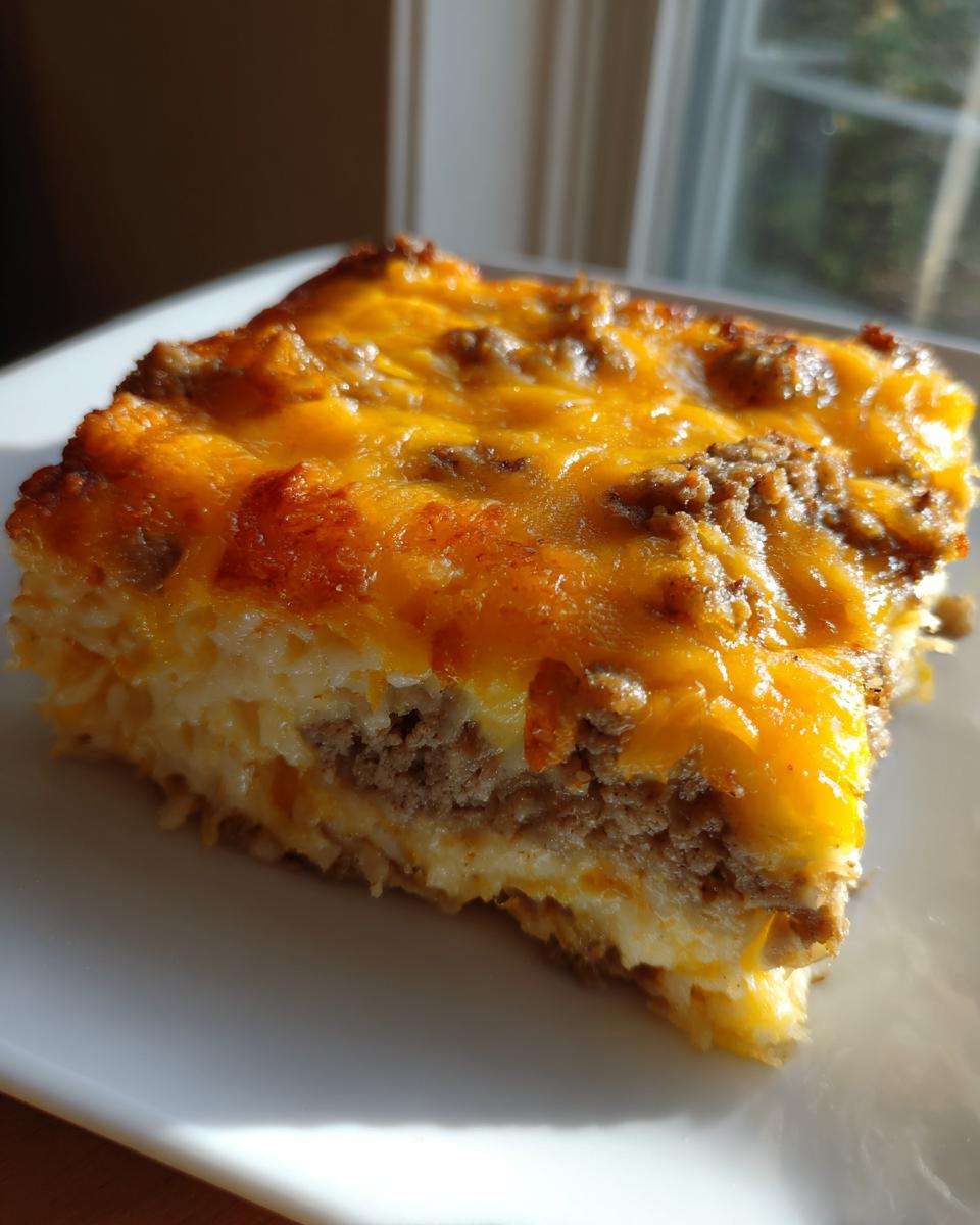Close-up of a square serving of breakfast casserole topped with melted cheddar cheese and sausage layers.