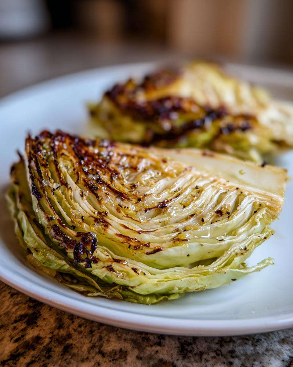 Close-up of two grilled cabbage steaks seasoned with herbs and spices on a white plate.