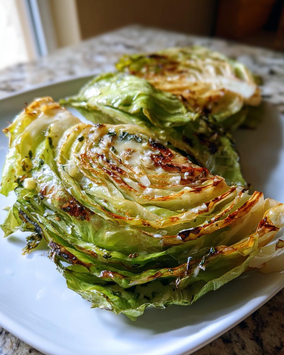 Close-up of two roasted cabbage steaks seasoned with garlic and herbs on a white plate.