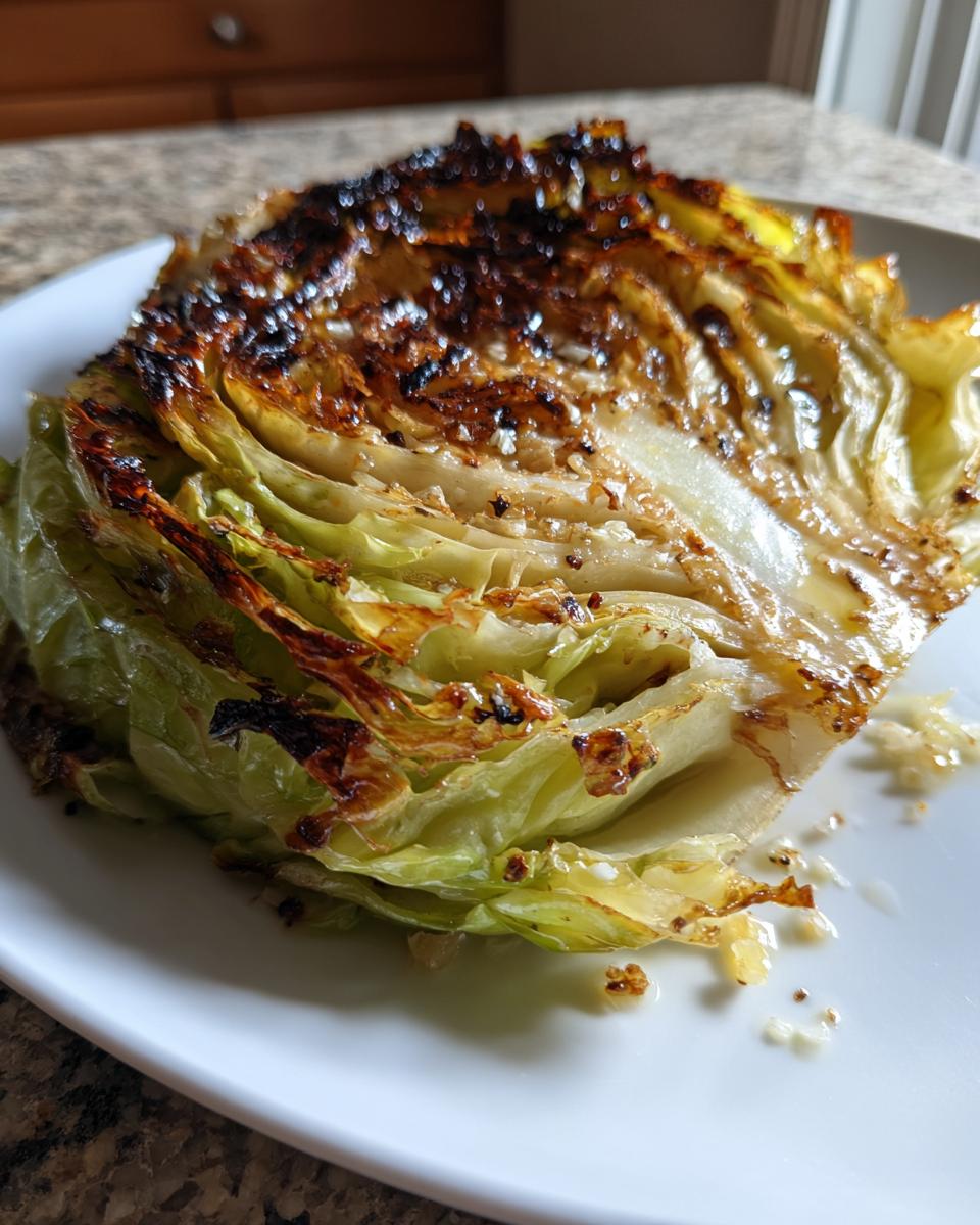 A close-up of a thick, roasted cabbage steaks wedge showing caramelized, slightly charred edges served on a white plate.