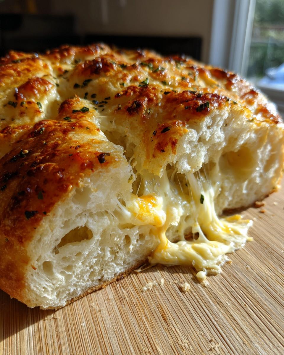 A close-up of homemade cheese bread pulled apart, showing melted, gooey cheese stretching between the soft interior.