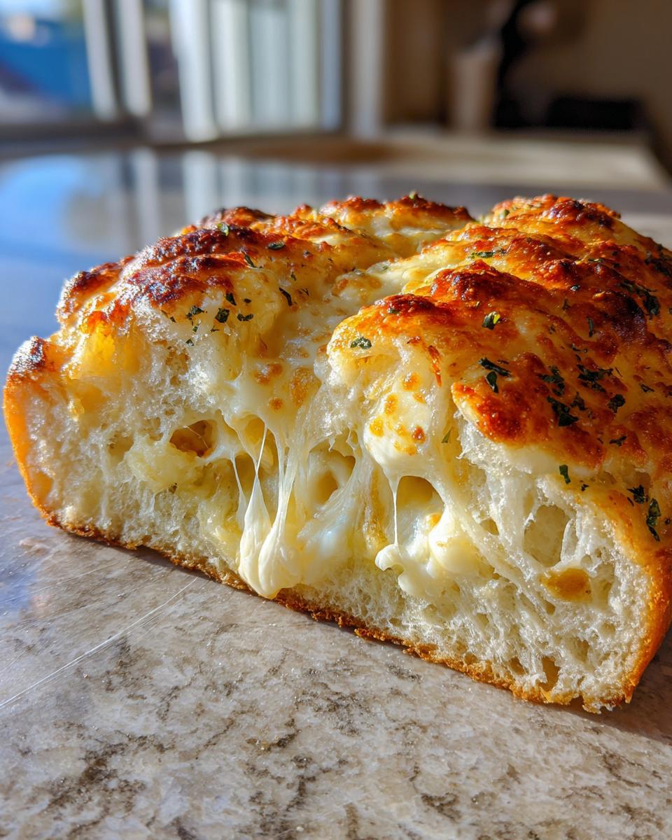 Close-up of a slice of homemade cheese bread showing gooey, melted cheese stretching between the soft interior.