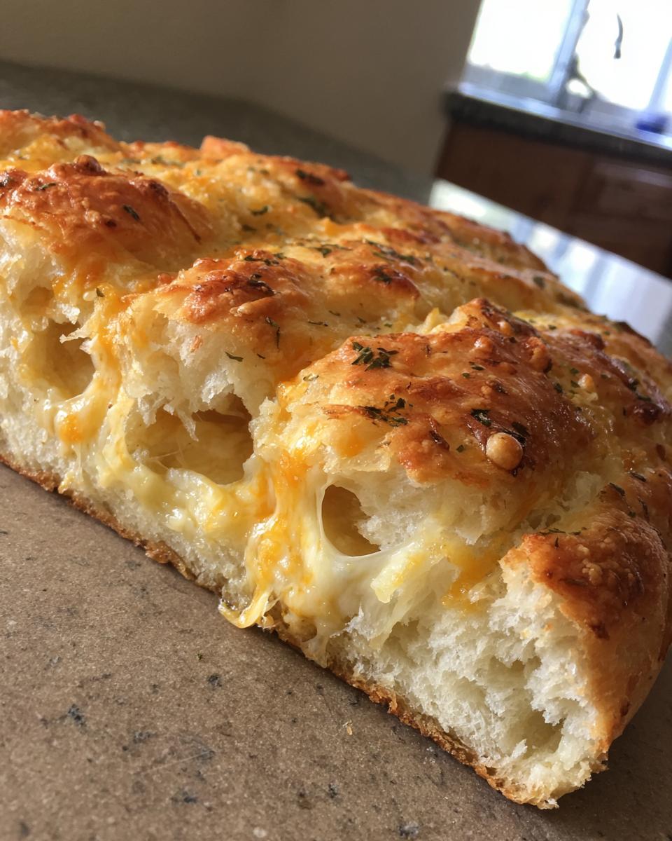 A cross-section view showing the fluffy interior and melted, stretchy cheese pockets of the amazing cheese bread.