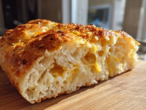 Close-up of a cross-section of homemade cheese bread showing airy interior and melted, gooey cheese pockets.