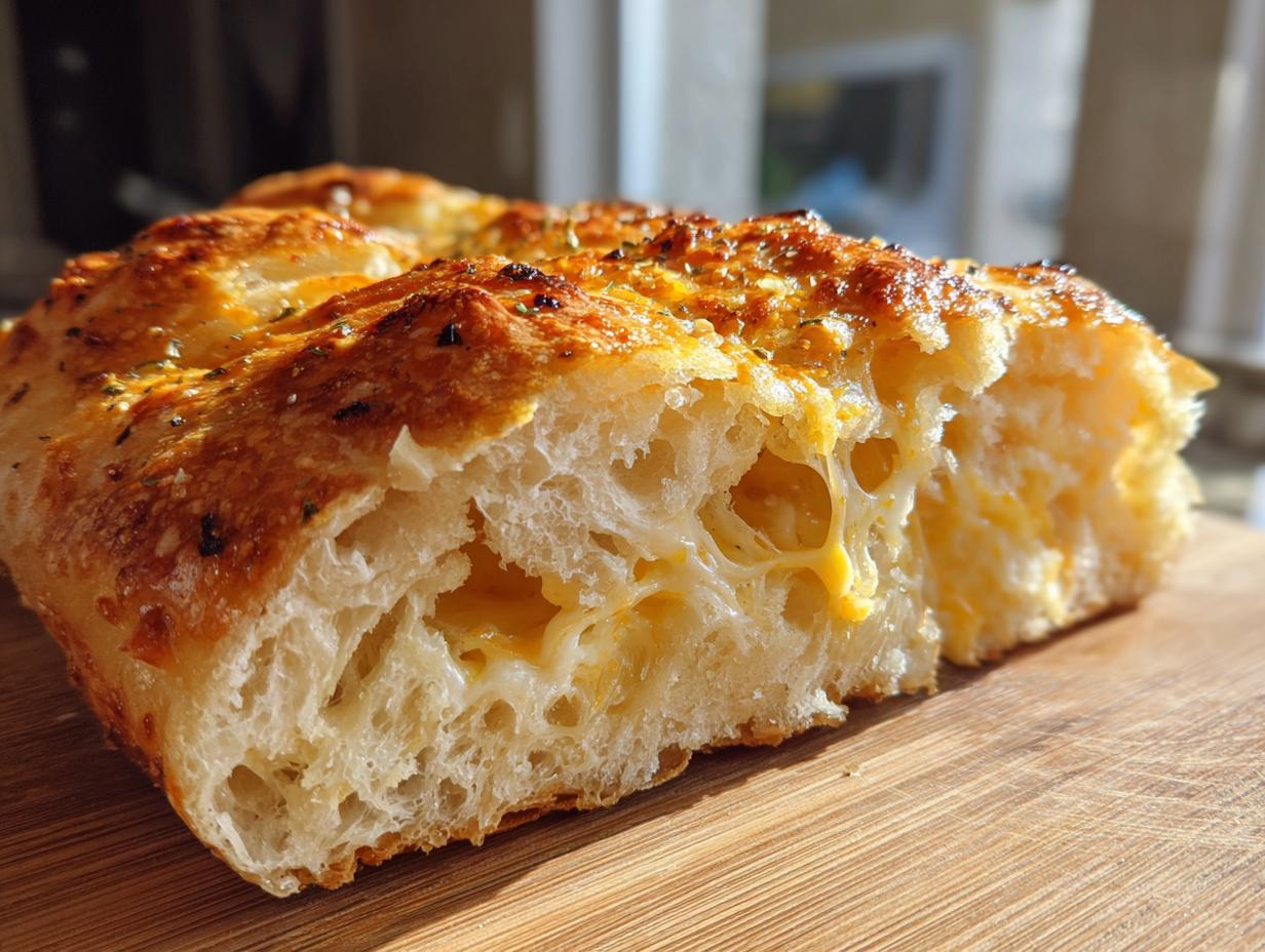 Close-up of a cross-section of homemade cheese bread showing airy interior and melted, gooey cheese pockets.