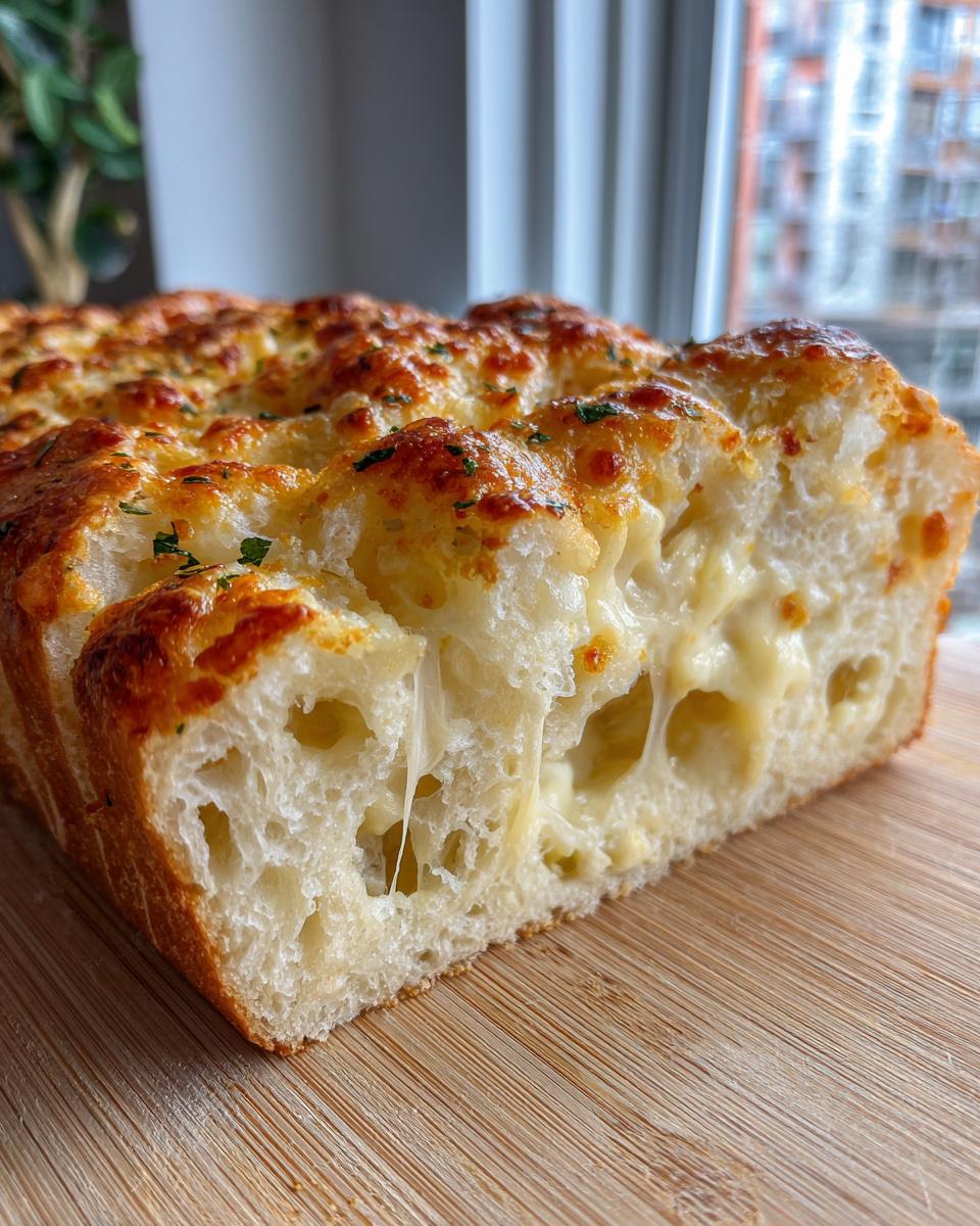 Close-up of a slice of amazing cheese bread showing melted, stringy cheese inside the airy crumb.