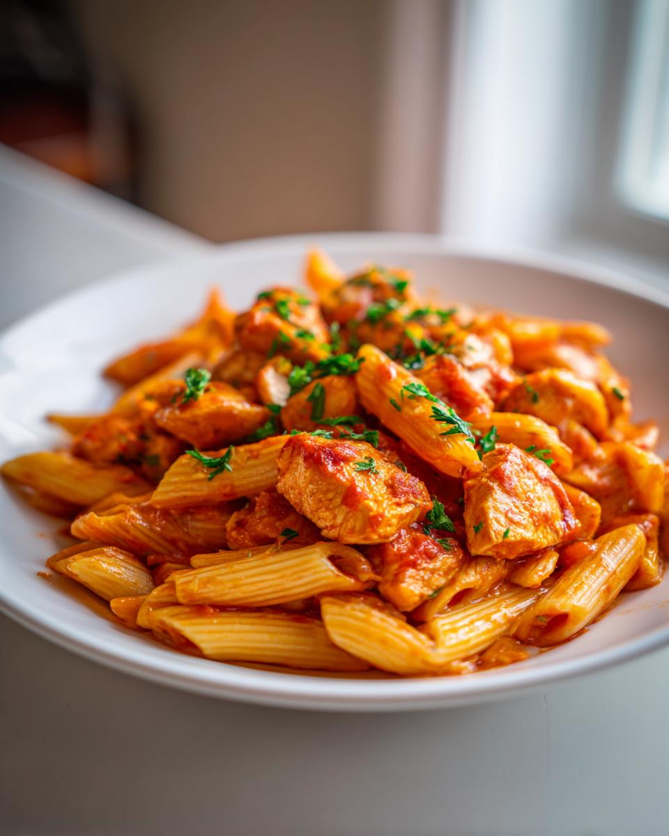 A close-up shot of a white bowl filled with creamy chicken tomato pasta, garnished with fresh parsley.