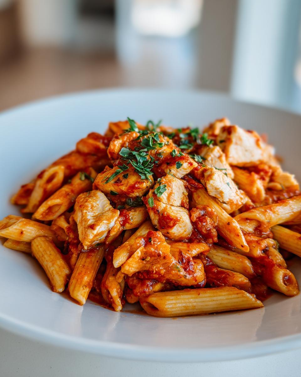 A close-up of a serving of amazing chicken tomato pasta featuring penne noodles, diced chicken, and rich tomato sauce, garnished with parsley.