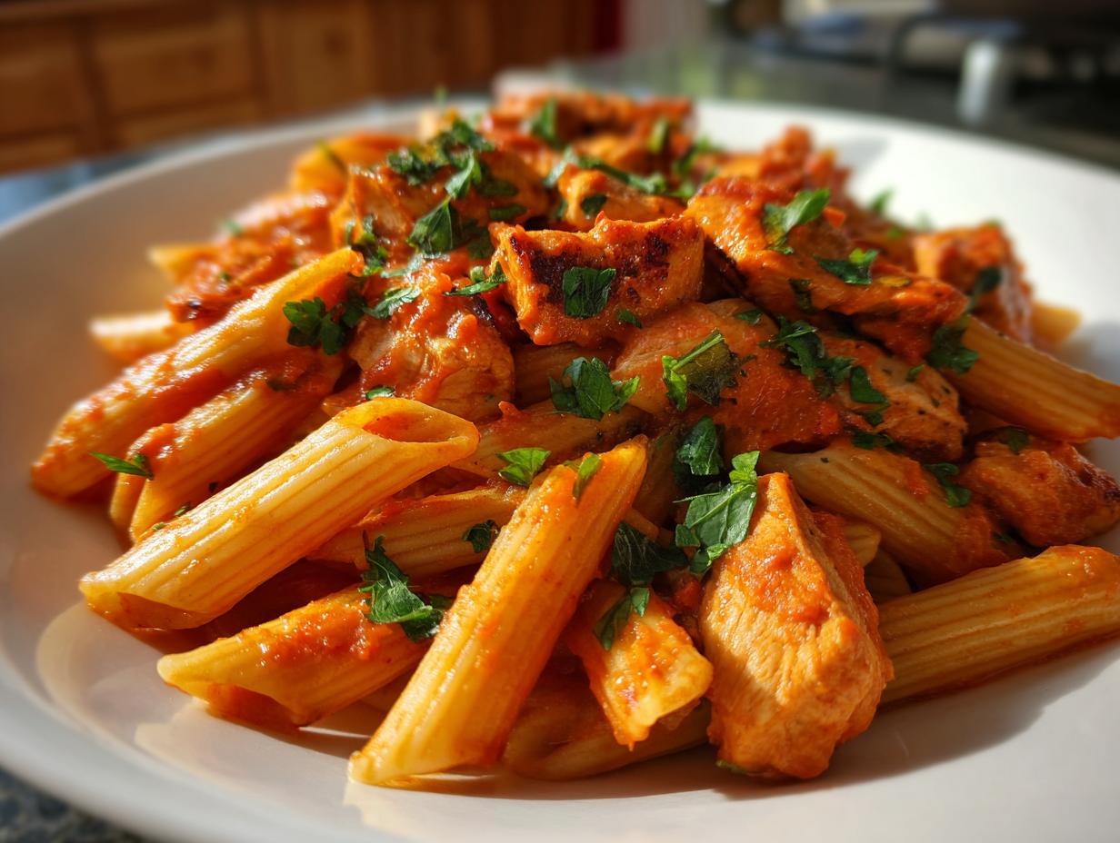 A close-up, appetizing shot of penne pasta tossed in a creamy tomato sauce with chunks of seasoned chicken, garnished with fresh parsley, showcasing the chicken tomato pasta.