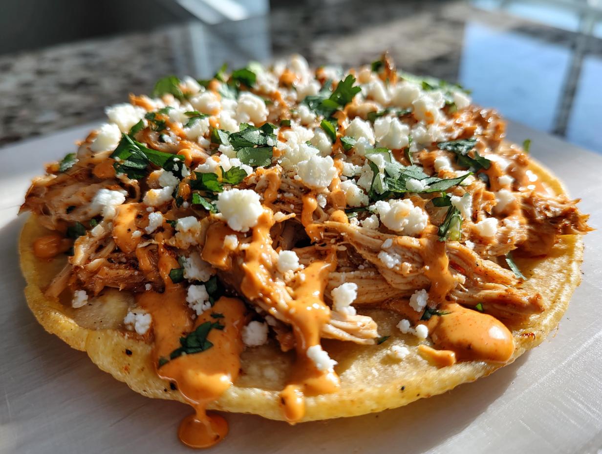 Close-up of a single, crispy chicken tostadas loaded with shredded chicken, orange sauce, crumbled white cheese, and cilantro.