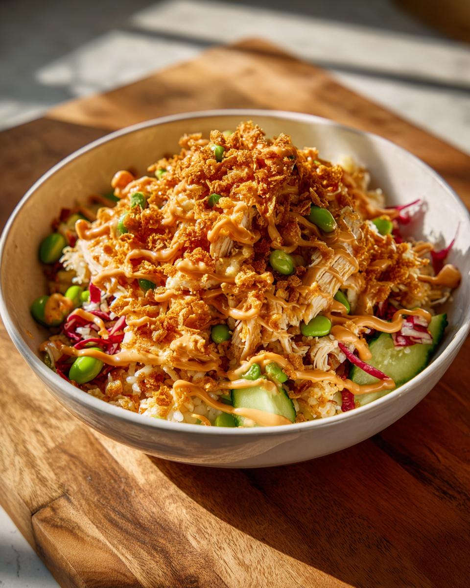 A bowl of amazing crispy rice salad topped with shredded chicken, edamame, cucumbers, and a generous drizzle of spicy sauce.