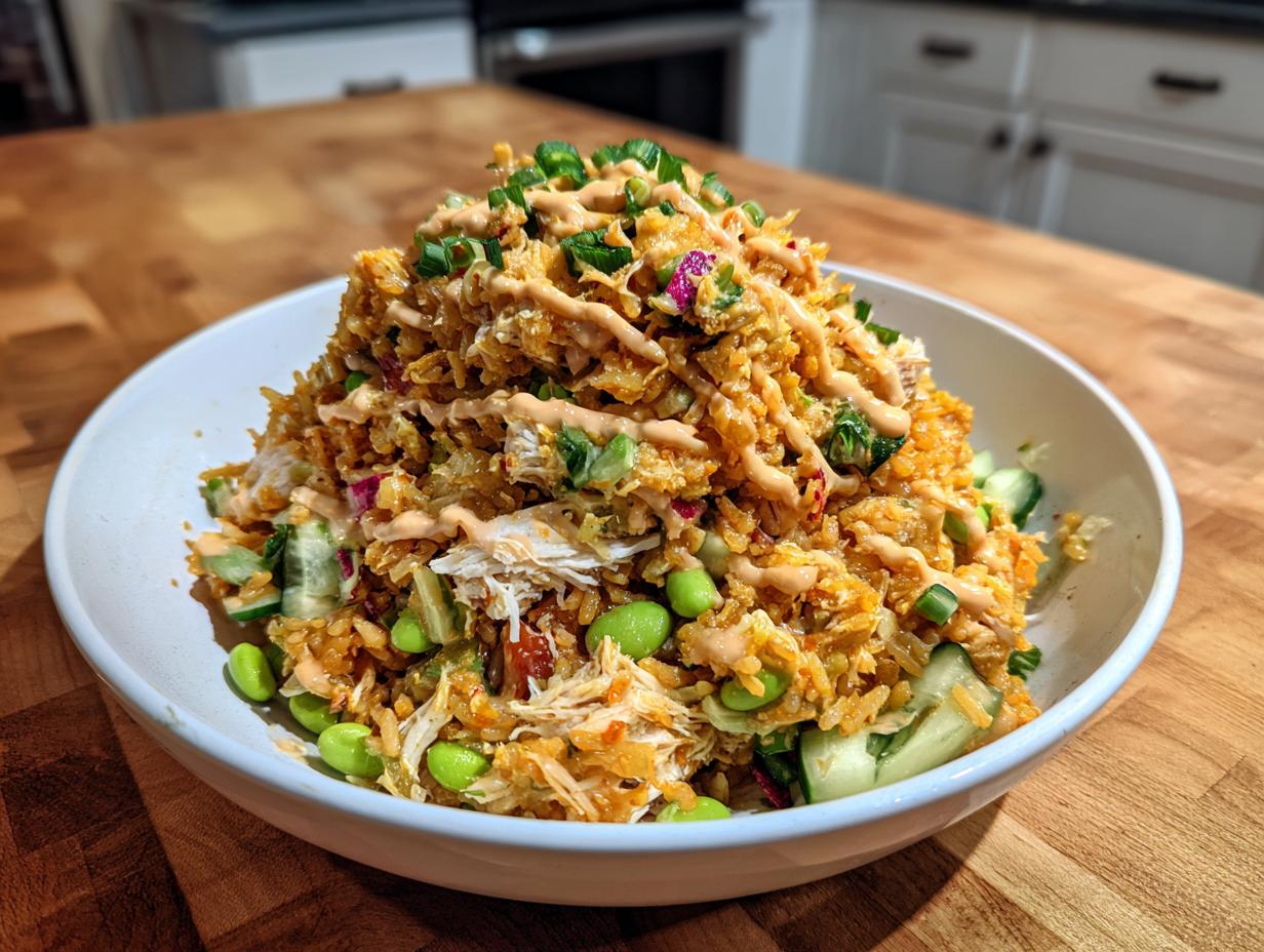 A generous serving of crispy rice salad featuring shredded chicken, edamame, cucumbers, and a creamy drizzle.