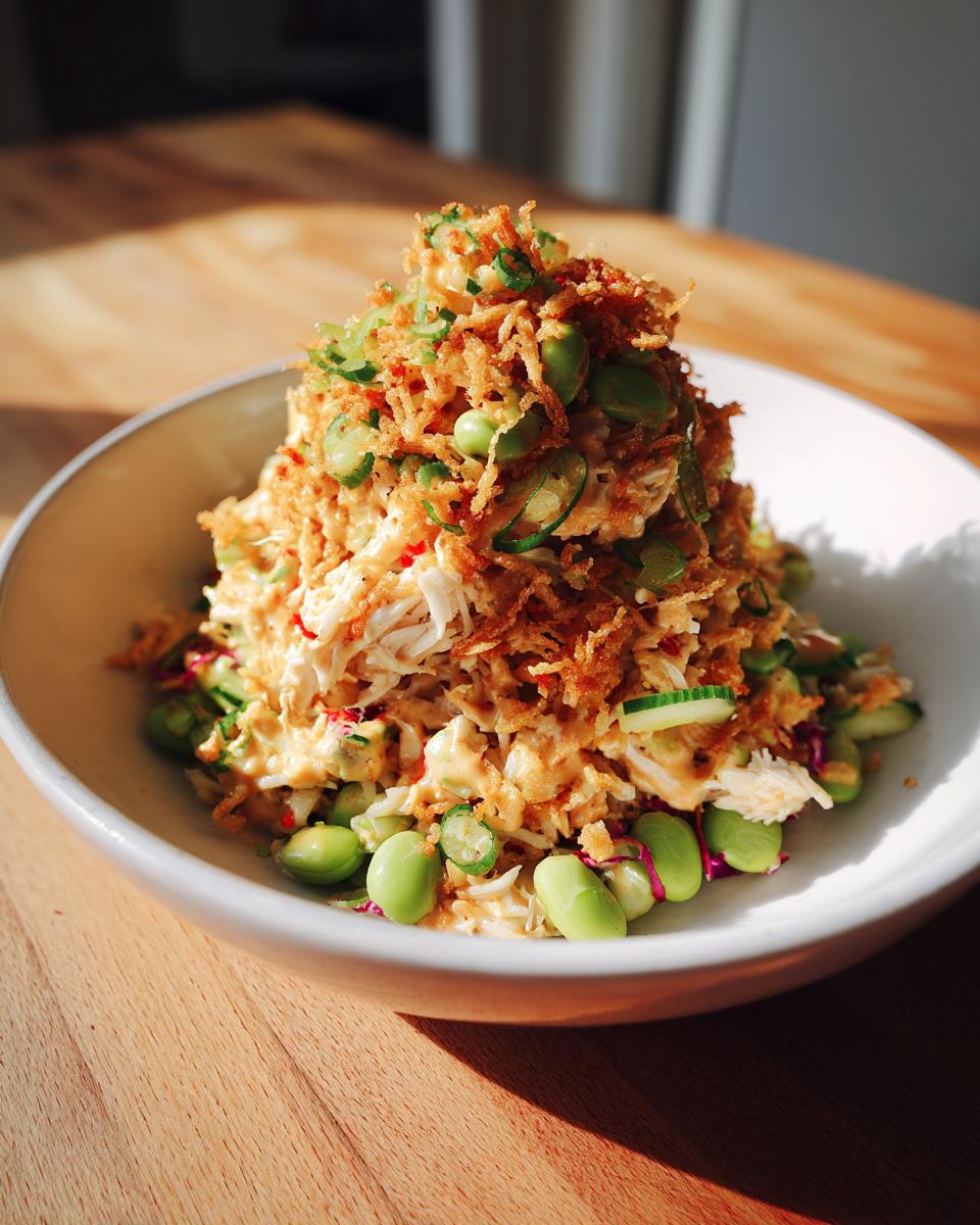A tall serving of crispy rice salad topped with fried onions, edamame, cucumber, and a creamy sauce.