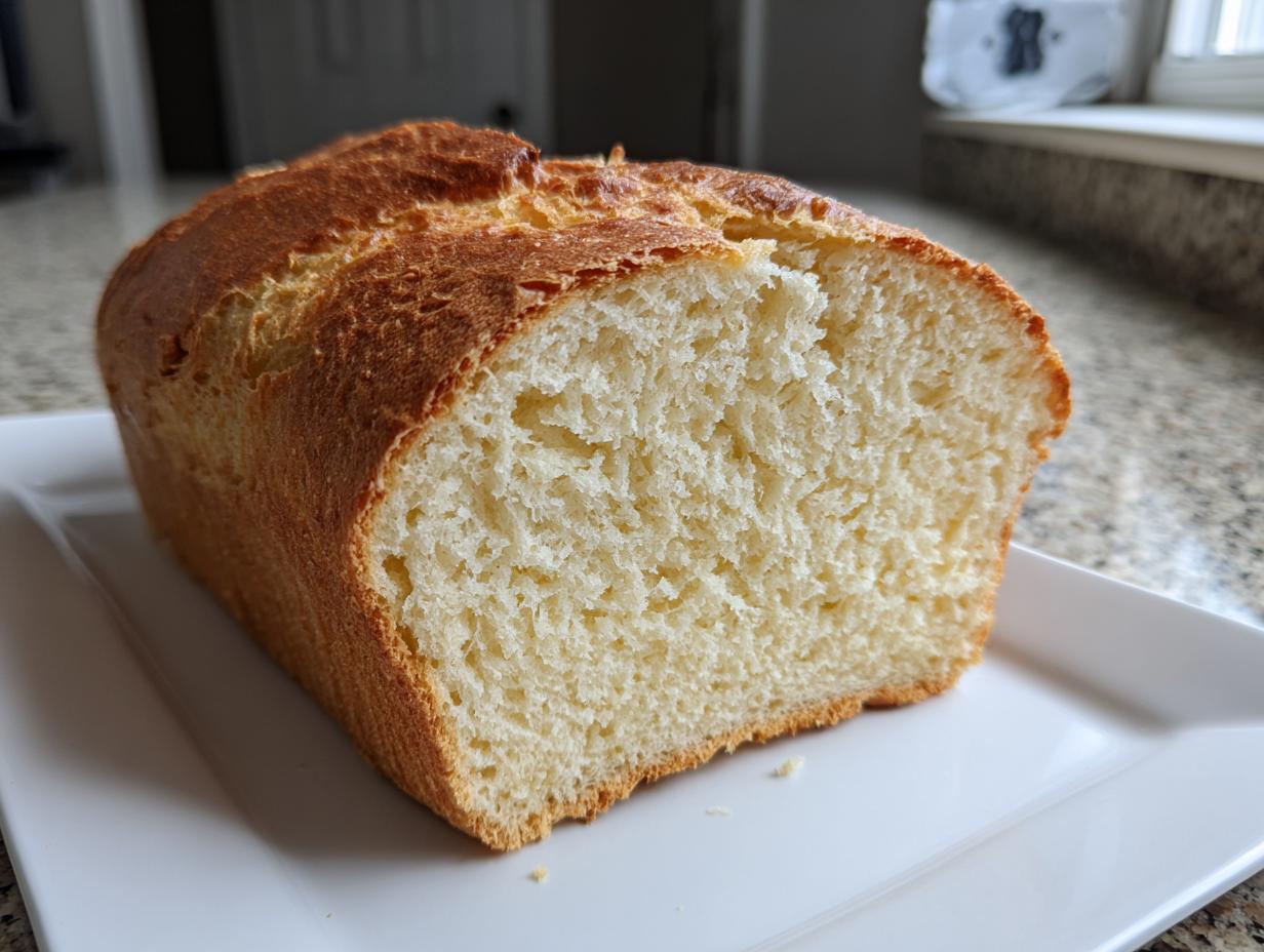 A freshly baked loaf of gluten free bread, sliced to show the soft, light interior crumb.