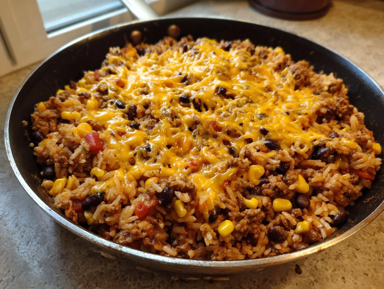 A close-up of a delicious ground beef and rice skillet topped with melted cheddar cheese, corn, and black beans.