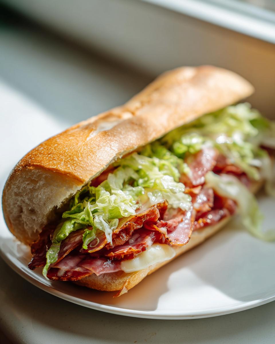 A close-up of a fully loaded Italian hoagie sandwich featuring layers of cured meats, melted cheese, and shredded lettuce on a crusty roll.
