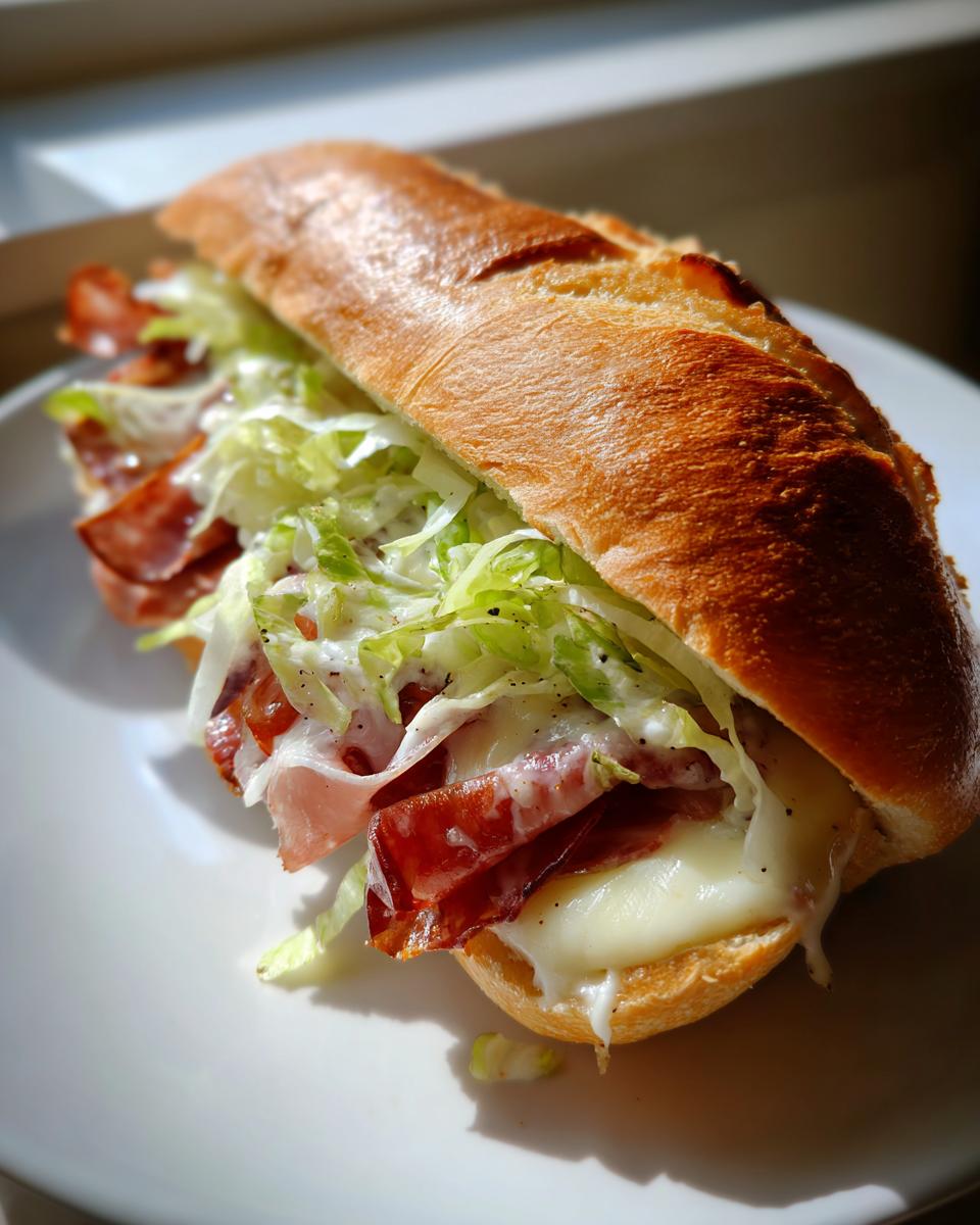 Close-up of a fully loaded Italian hoagie on a white plate, featuring melted cheese, cured meats, and shredded lettuce.