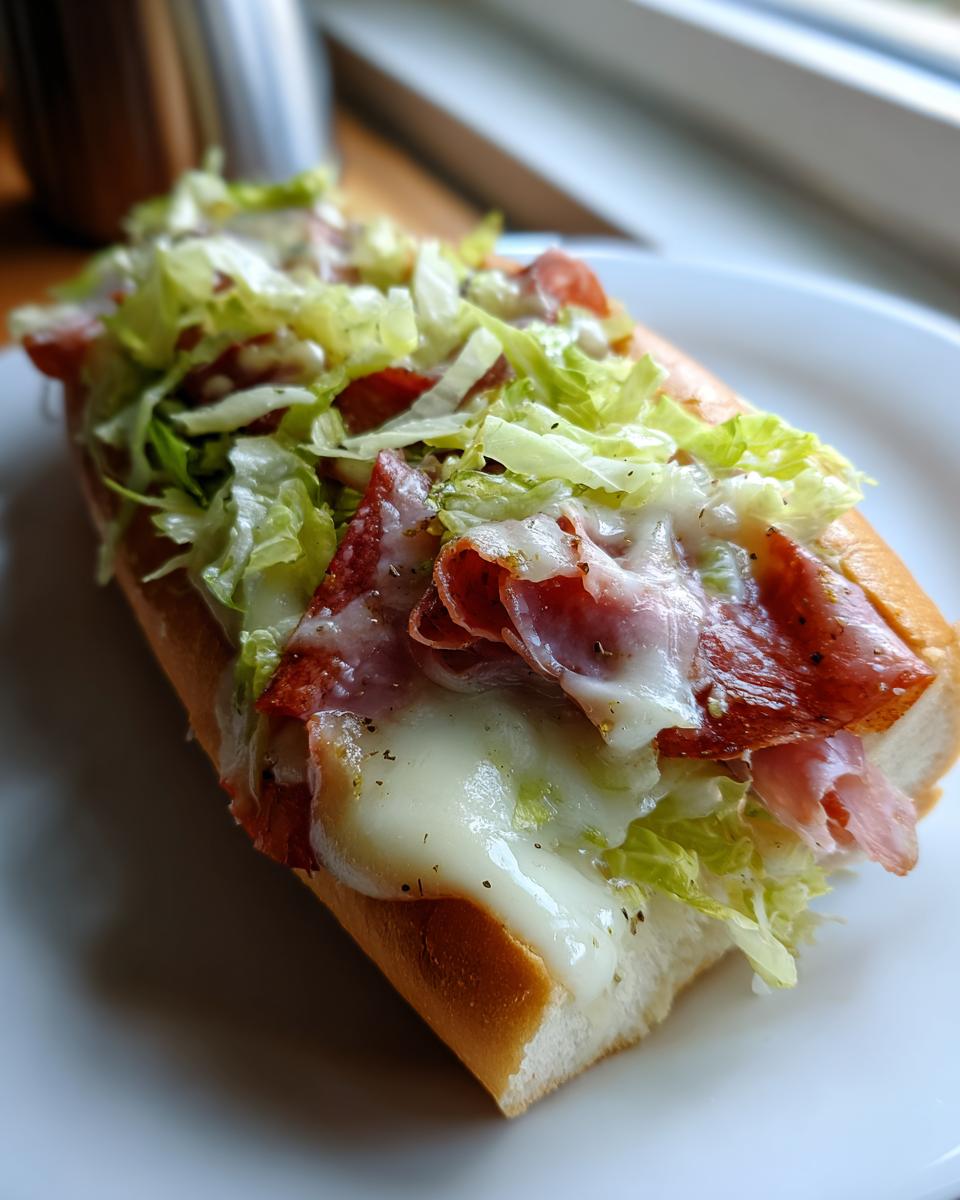 Close-up of a freshly made Italian hoagie with melted white cheese, pepperoni, and shredded lettuce on a white plate.