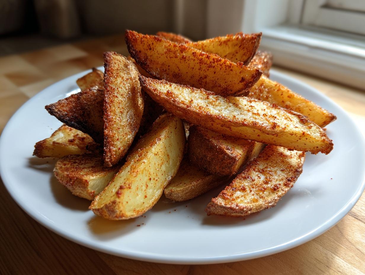 A pile of perfectly baked, seasoned potato wedges stacked high on a white plate, showing a crispy, golden-brown exterior.
