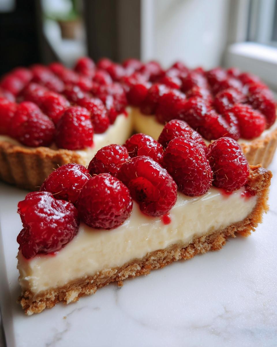 Close-up of a slice of amazing raspberry tart showing a thick, creamy filling and a graham cracker crust topped with fresh raspberries.