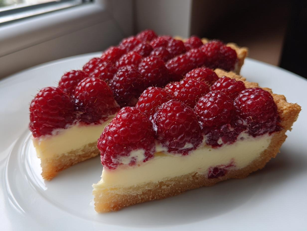 Two slices of a creamy Raspberry tart, topped generously with fresh, bright red raspberries, served on a white plate.