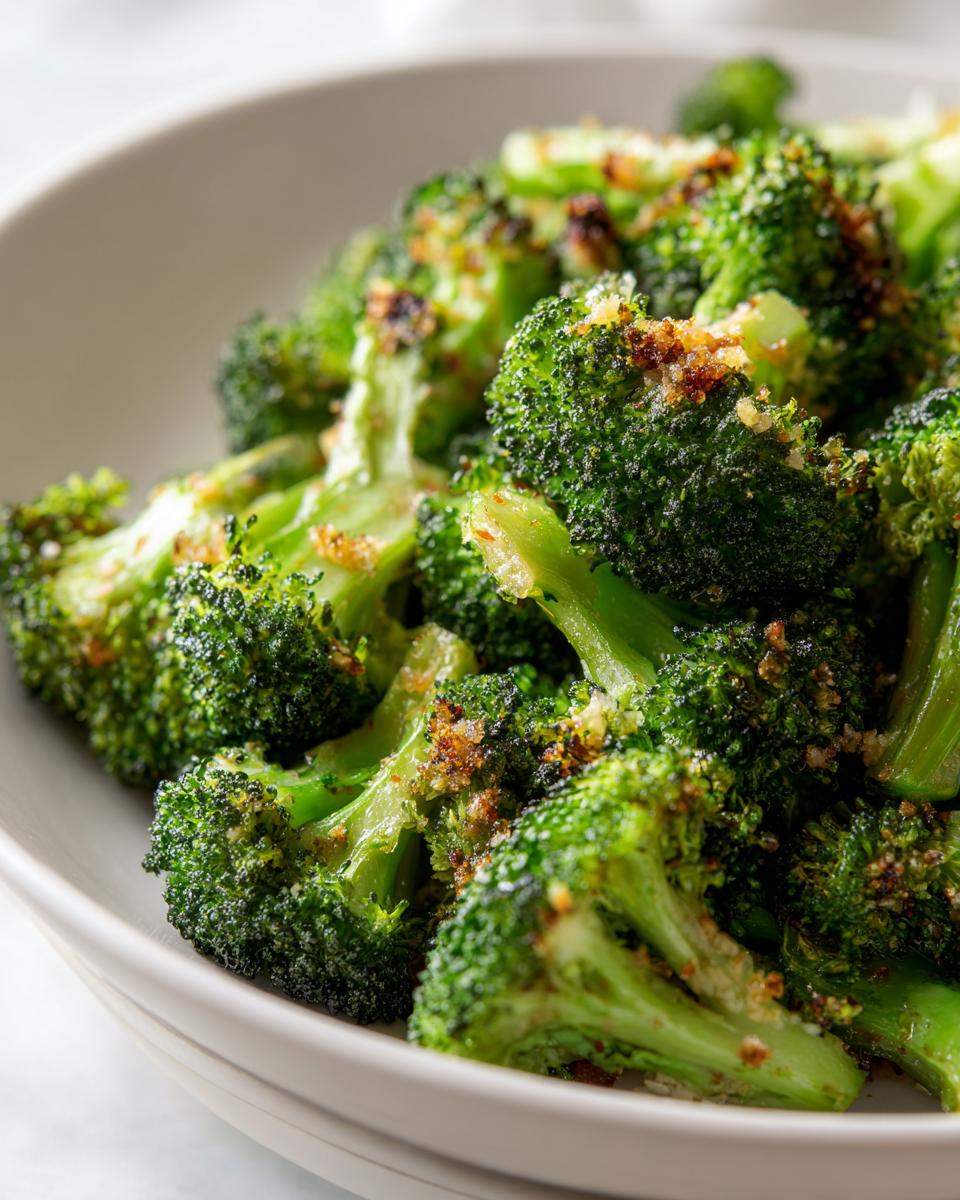Close-up of vibrant green roasted broccoli florets topped with crispy browned breadcrumbs in a light bowl.