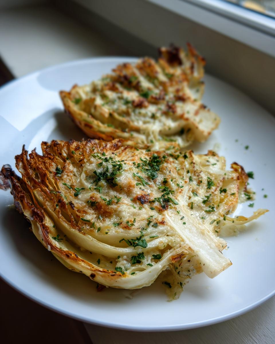 Two perfectly cooked roasted cabbage steaks served on a white plate, topped with melted cheese and fresh parsley.
