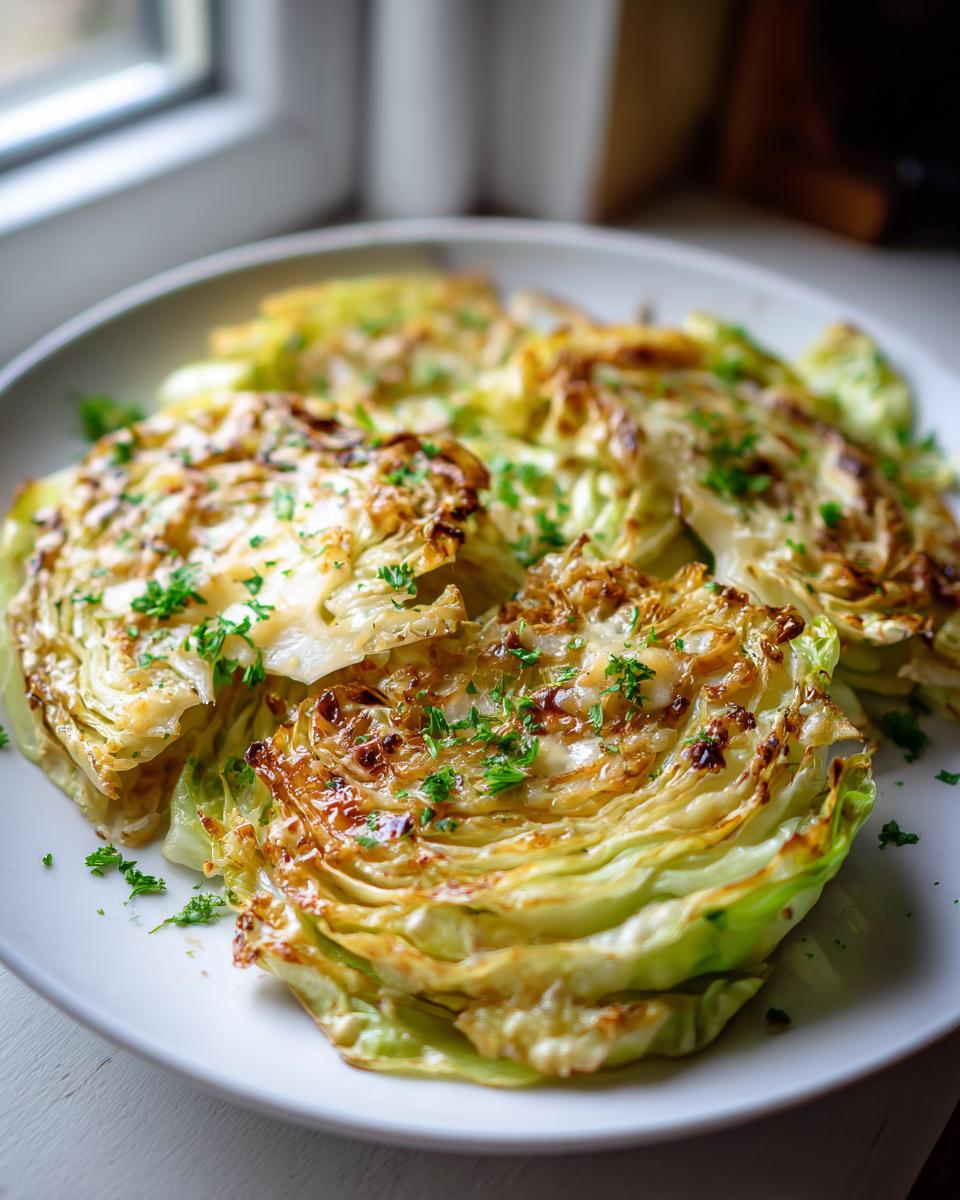 Four thick slices of golden brown roasted cabbage steaks garnished with fresh parsley on a white plate.