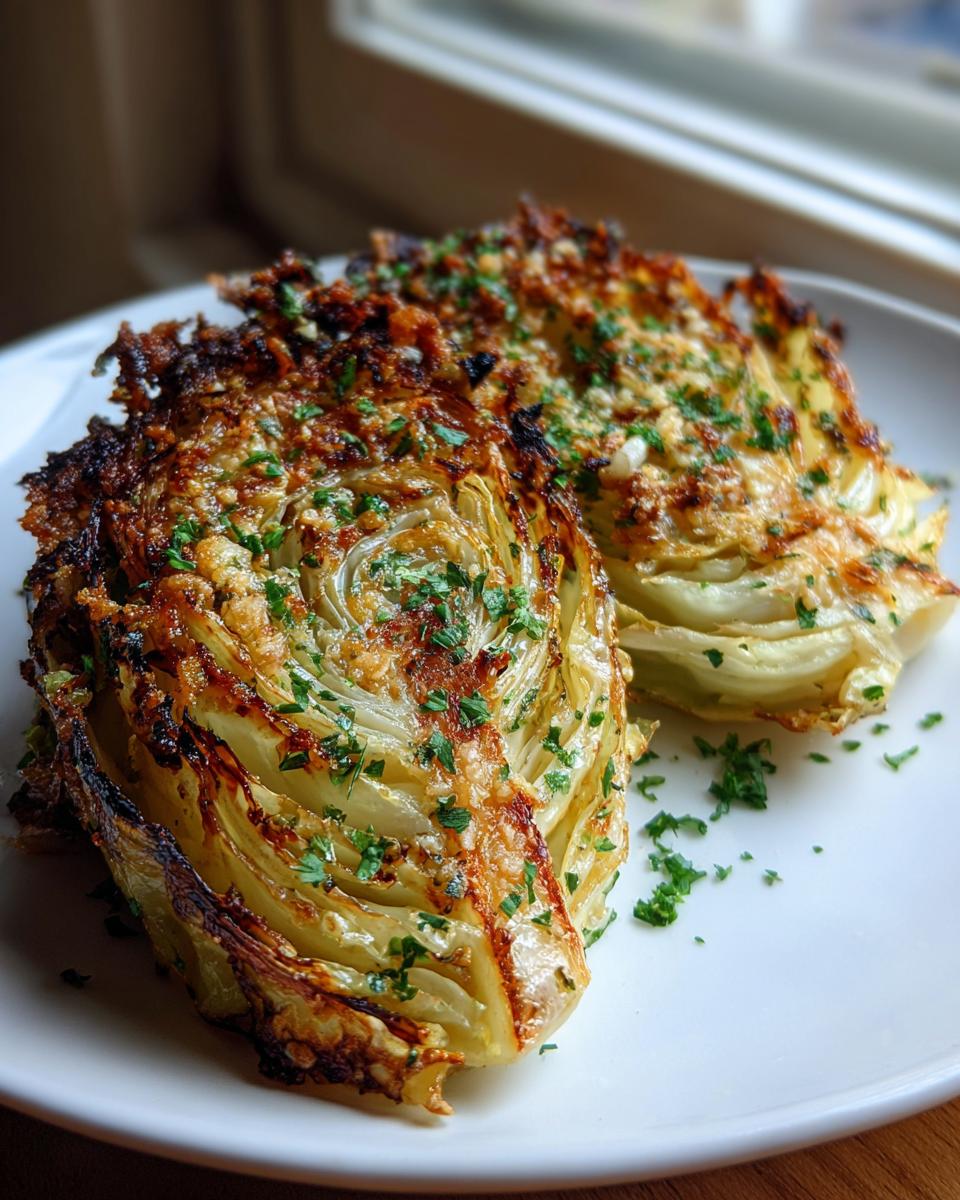 Two thick slices of perfectly roasted cabbage steaks on a white plate, topped with browned cheese and fresh parsley.