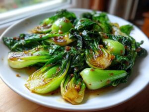 A close-up of vibrant green, perfectly sauteed bok choy halves glistening in a savory brown sauce on a white plate.