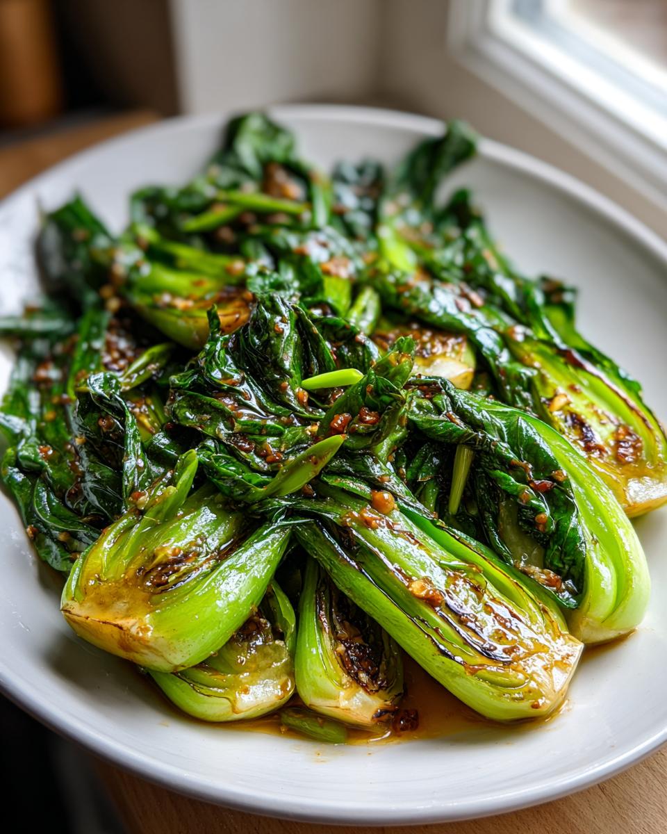 Close-up of vibrant green, glossy sauteed bok choy halves coated in a savory brown sauce.