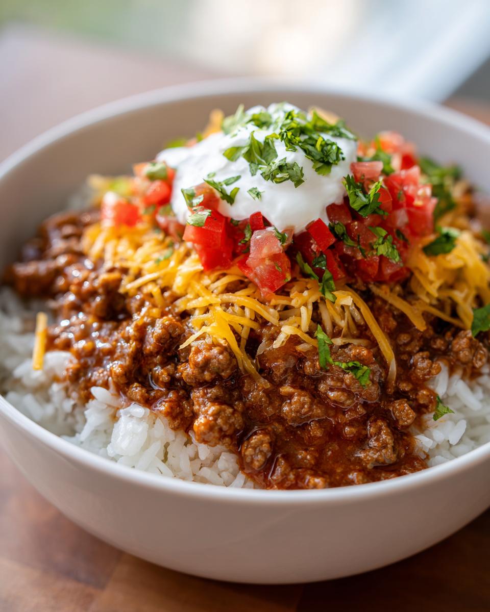 A close-up of a delicious taco rice bowl featuring seasoned ground beef over white rice, topped with shredded cheese, diced tomatoes, sour cream, and cilantro.