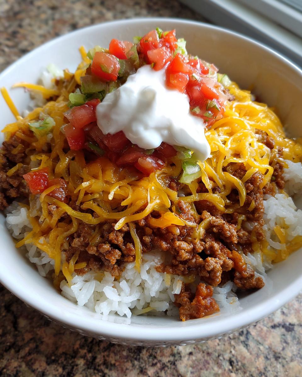 A close-up of a delicious taco rice bowl featuring white rice, seasoned ground beef, shredded cheddar cheese, salsa, and sour cream.
