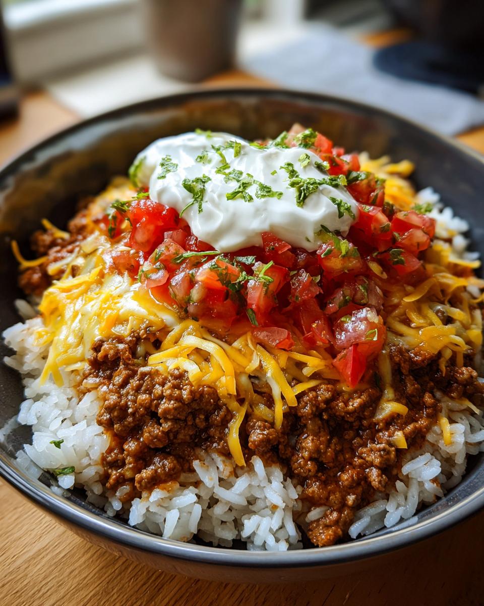 A close-up view of a delicious taco rice bowl featuring seasoned ground beef, white rice, melted cheese, pico de gallo, and sour cream.