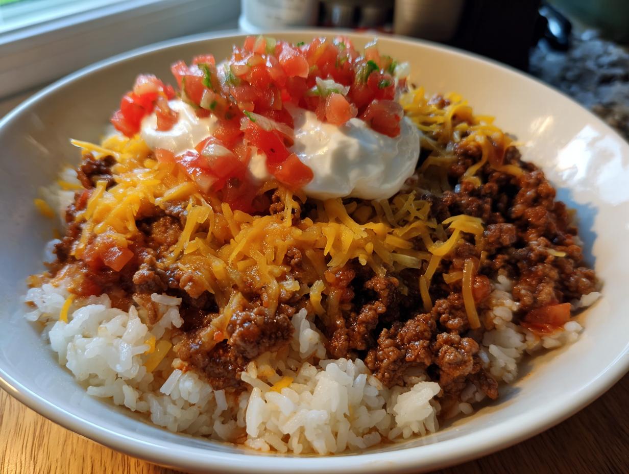 A close-up of an amazing taco rice bowl featuring seasoned ground beef, white rice, shredded cheese, sour cream, and pico de gallo.